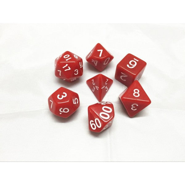 Red Opaque 7pc Dice Set inked in White